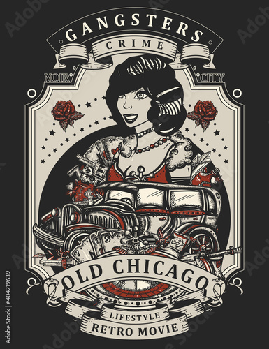 Criminal elegant noir woman. Old Chicago vector concept. Tattoo and t-shirt design. Casino lady croupier  pin up girl  gangster car  roulette wheel  weapons  gamblings. Crime movies art