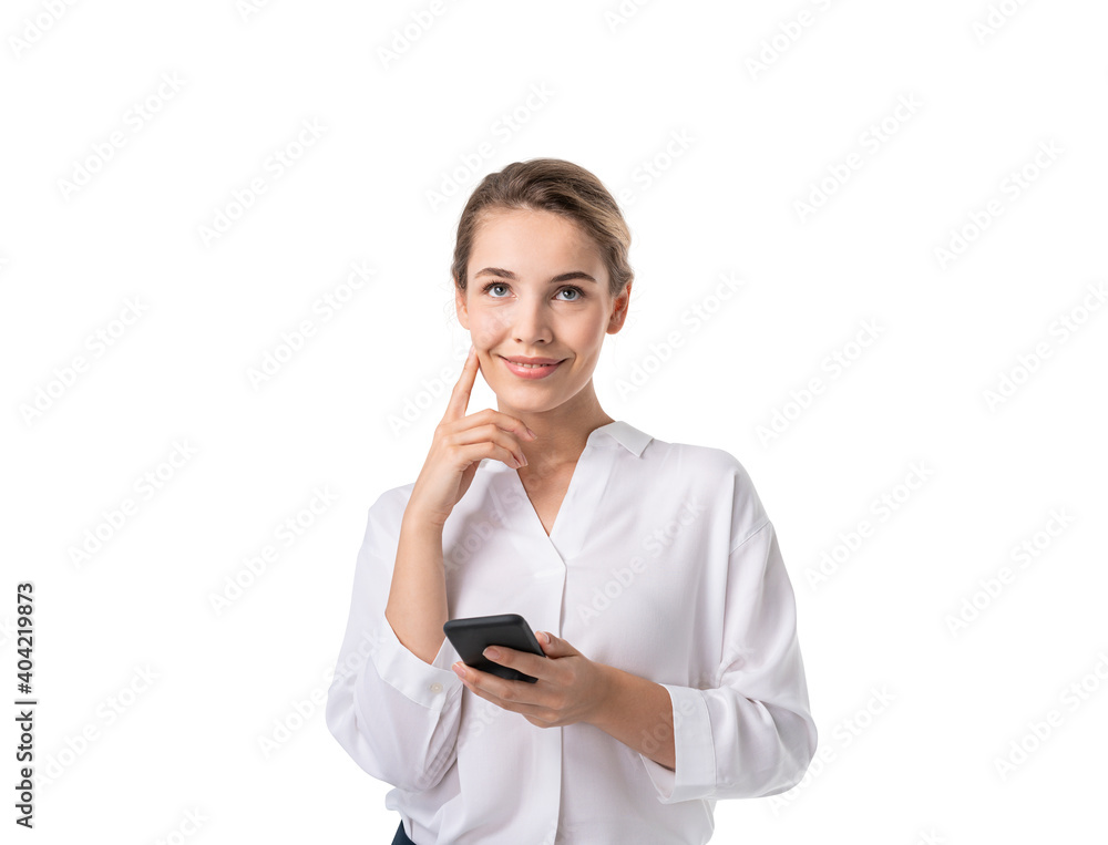 Thoughtful young woman with smartphone, isolated Thoughtful young woman with smartphone, isolated