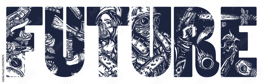 Future slogan. Post apocalypse art. Post apocalyptic man warrior, soldier woman in gas mask. Doomsday girl and gun, end of world art. People and weapon. Nuclear war concept Future slogan. Post apocalypse art. Post apocalyptic man warrior, soldier woman in gas mask. Doomsday girl and gun, end of world art. People and weapon. Nuclear war concept