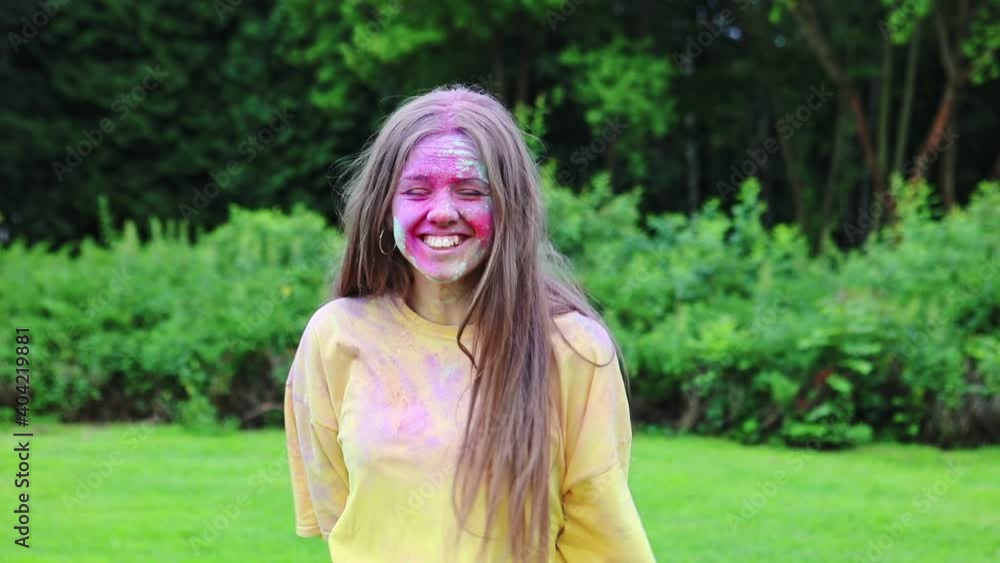 portrait of young pretty woman splashes holi paints portrait of young pretty woman splashes holi paints