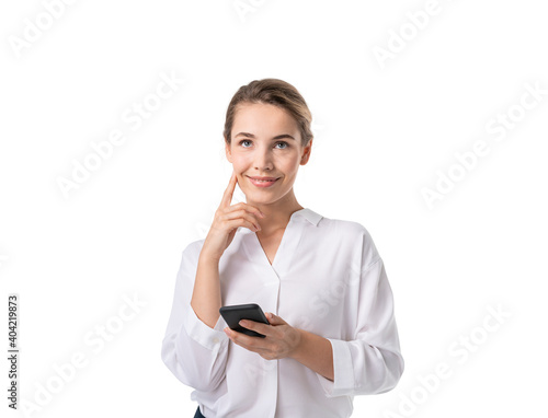 Thoughtful young woman with smartphone, isolated