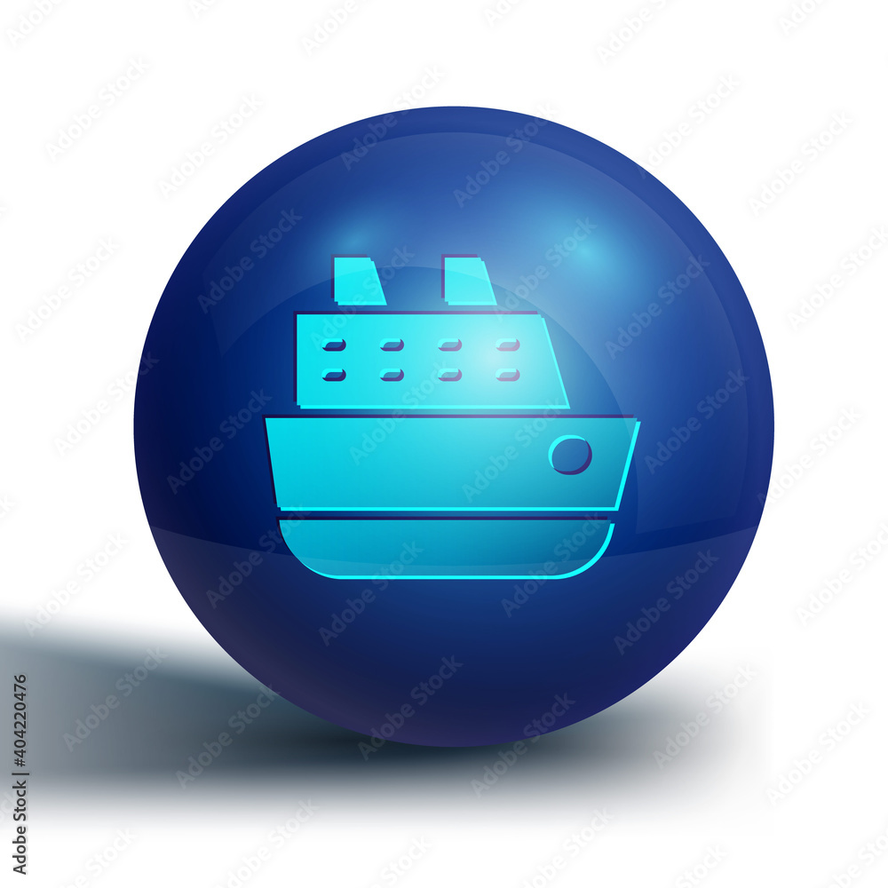Blue Cruise ship icon isolated on white background. Travel tourism nautical transport. Voyage passenger ship, cruise liner. Worldwide cruise. Blue circle button. Vector. Blue Cruise ship icon isolated on white background. Travel tourism nautical transport. Voyage passenger ship, cruise liner. Worldwide cruise. Blue circle button. Vector.