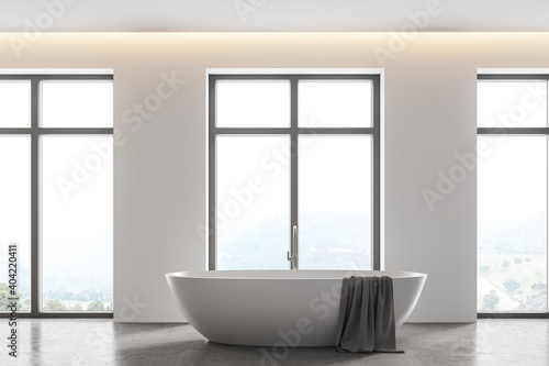 White bathroom interior with tub and windows © ImageFlow