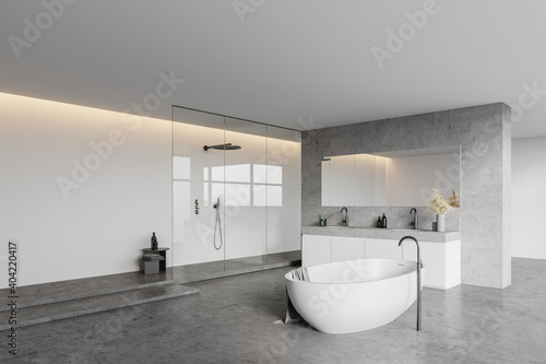 Modern white bathroom corner with tub and shower