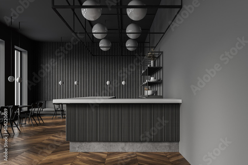 Dark gray cafe interior with bar stand