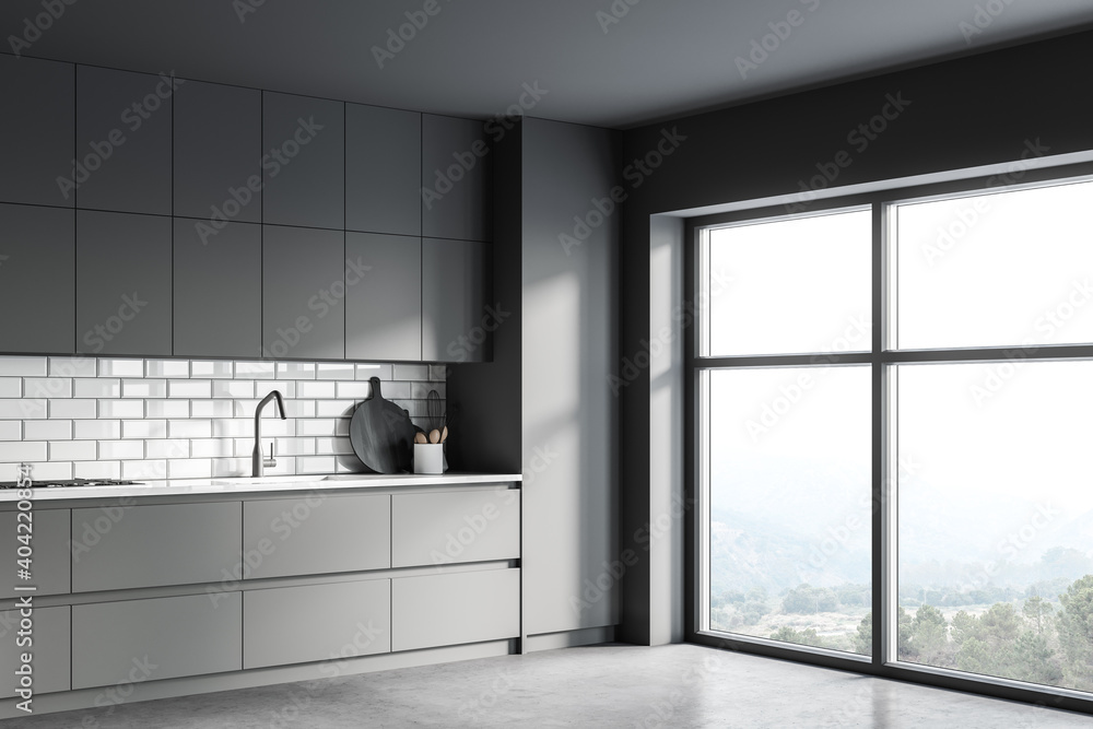 Fototapeta premium Gray kitchen corner with cupboards