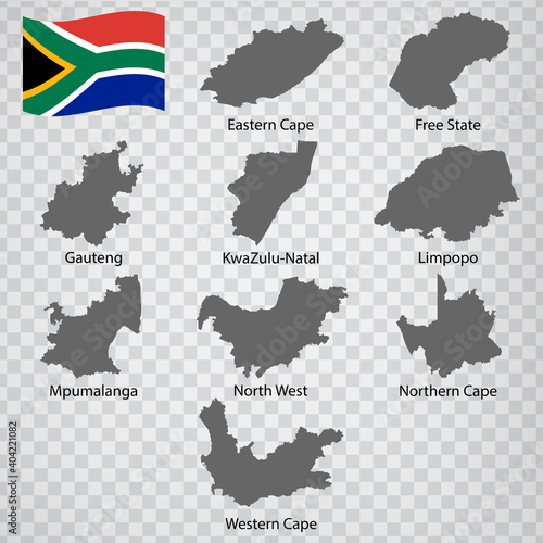 Nine Maps  provinces of South Africa - alphabetical order with name. Every single map of Province are listed and isolated with wordings and titles. South Africa. EPS 10. photo