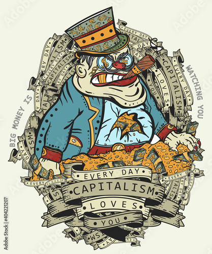 Capitalism caricature. Evil businessman and money. Rich greedy capitalist on a mountain of golden coins. Corruption and bureaucracy. Concept of global financial system photo