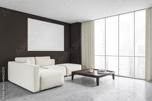 Mockup frame in living room with white sofa and coffee table near window