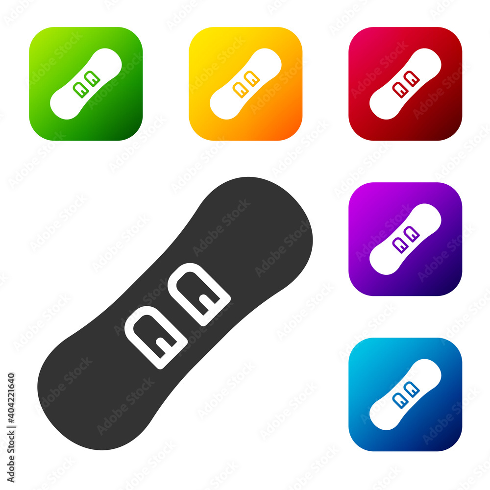 Black Snowboard icon isolated on white background. Snowboarding board icon. Extreme sport. Sport equipment. Set icons in color square buttons. Vector. Black Snowboard icon isolated on white background. Snowboarding board icon. Extreme sport. Sport equipment. Set icons in color square buttons. Vector.