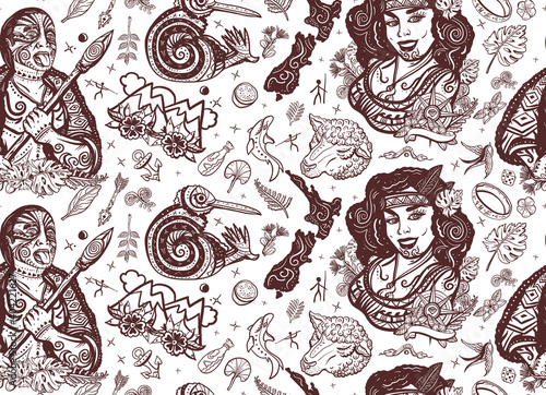 New Zealand seamless pattern. Aboriginal tribes Maori man warrior grimace. Ethnic Polynesian woman in traditional costume. Tradition and people. Tourism and travel. Old school tattoo style © intueri