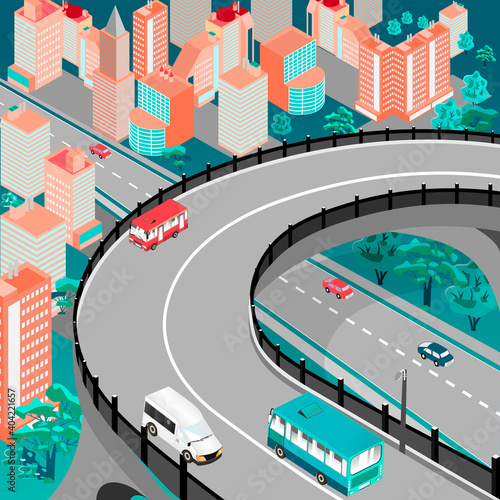 Isometric City Building vector.View of the metropolis from above from the flyover.The town with road,trees and different types of cars,overpass and multi-storey buildings.