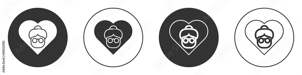 Black Grandmother icon isolated on white background. Circle button. Vector. Black Grandmother icon isolated on white background. Circle button. Vector.