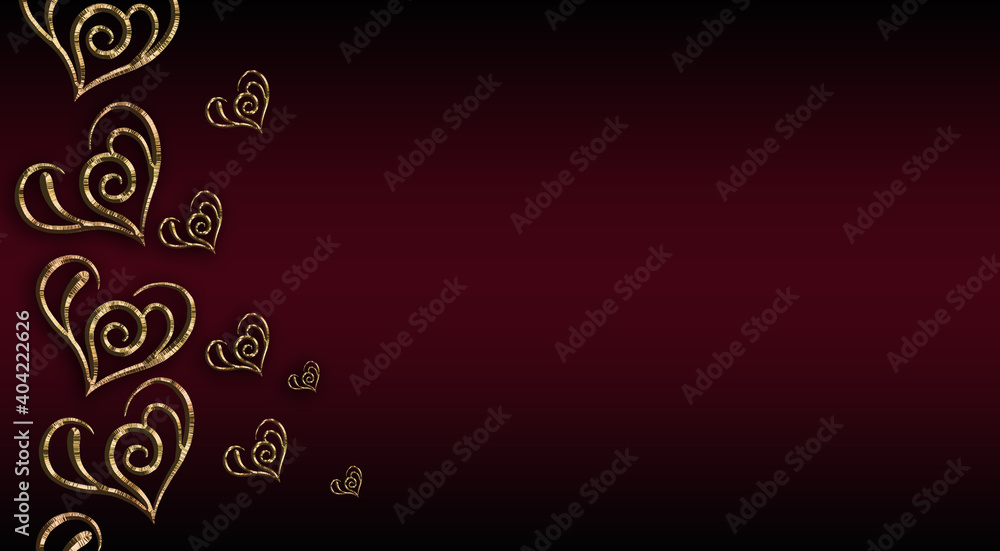 Valentine's Day.Gold hearts on a dark red background, space for text. Valentine's Day.Gold hearts on a dark red background, space for text.