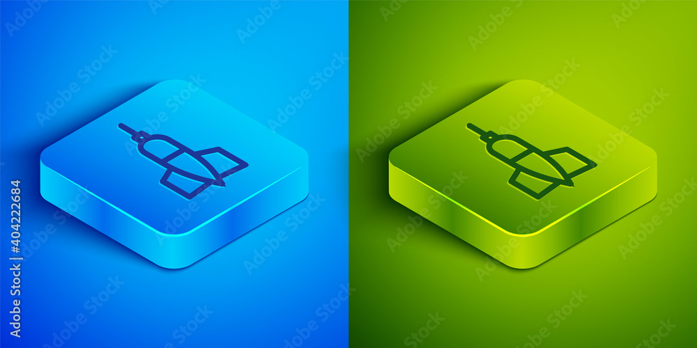 Isometric line Dart arrow icon isolated on blue and green background. Square button. Vector Illustration. Isometric line Dart arrow icon isolated on blue and green background. Square button. Vector Illustration.