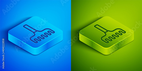 Isometric line Garden rake icon isolated on blue and green background. Tool for horticulture, agriculture, farming. Ground cultivator. Square button. Vector Illustration.
