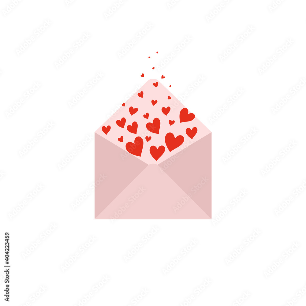 Flat style opened envelope icon with hearts. Mail icon. Happy Valentine's day lettering. Can be used in infographic, advertising, for Valentines day card. Vector illustration. Flat style opened envelope icon with hearts. Mail icon. Happy Valentine's day lettering. Can be used in infographic, advertising, for Valentines day card. Vector illustration.