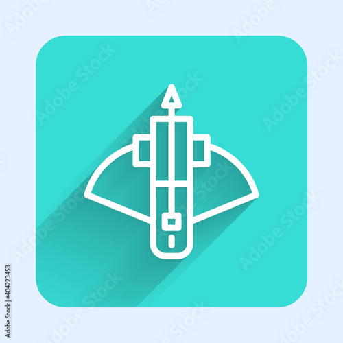 White line Battle crossbow with arrow icon isolated with long shadow. Green square button. Vector.