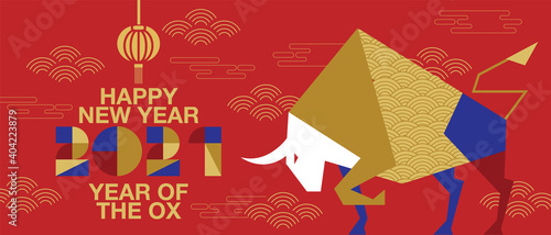 Happy new year, Chinese New Year, 2021, Year of the Ox, happy new year,  Flat design (Translate : Ox )