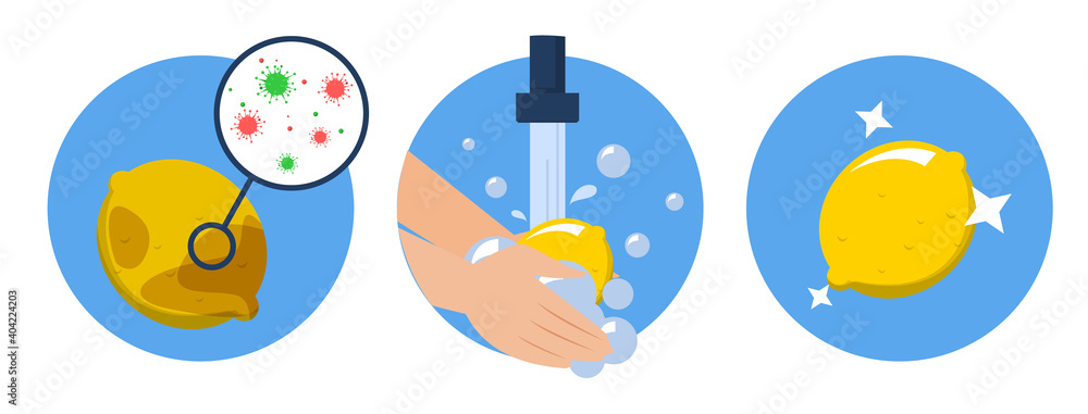 Washing lemon concept vector isolated. Dirty fruit full of bacteria before and clean product after washing in the water. Hands wash citrus with soap. Washing lemon concept vector isolated. Dirty fruit full of bacteria before and clean product after washing in the water. Hands wash citrus with soap.