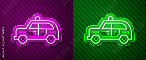 Glowing neon line Taxi car icon isolated on purple and green background. Vector.