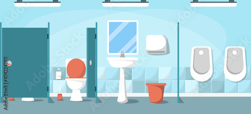 Public toilet. Interior of a clean empty sanitary room. Modern ceramic lavatory. Sink and mirror, toilet paper and seats in a row. Male toilet.