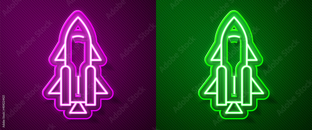 Glowing neon line Rocket ship with fire icon isolated on purple and green background. Space travel. Vector.