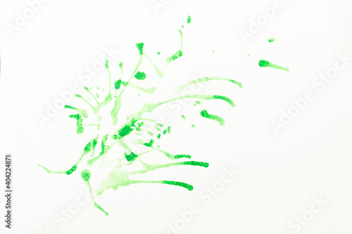 Green watercolor splashed onto white paper