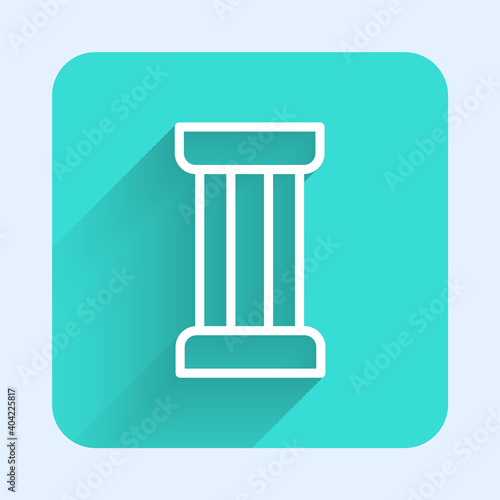 White line Ancient column icon isolated with long shadow. Green square button. Vector.