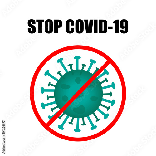 Stop Covid-19 disease or Corona virus icon with red prohibit sign on white background isolated.
