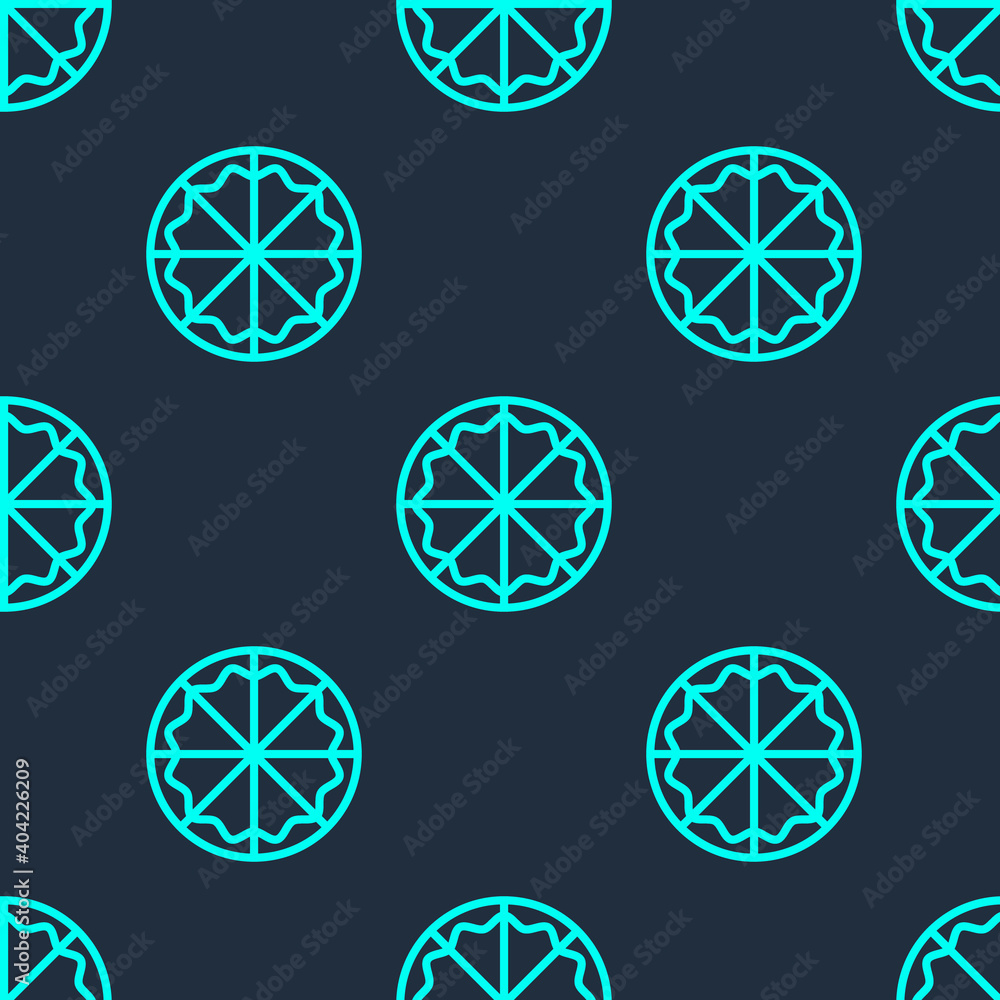 Green line Pizza icon isolated seamless pattern on blue background. Fast food menu. Vector. Green line Pizza icon isolated seamless pattern on blue background. Fast food menu. Vector.