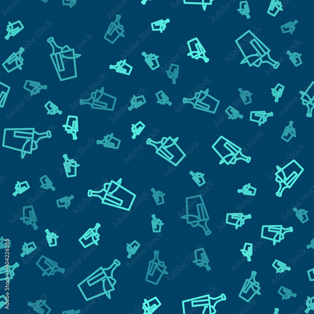 Green line Bottle of wine in an ice bucket icon isolated seamless pattern on blue background. Vector. Green line Bottle of wine in an ice bucket icon isolated seamless pattern on blue background. Vector.