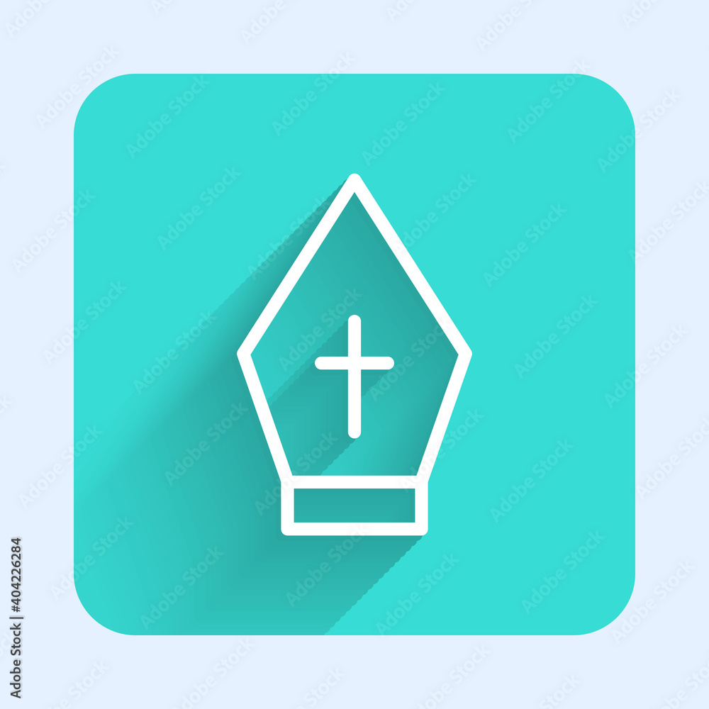 White line Pope hat icon isolated with long shadow. Christian hat sign. Green square button. Vector. White line Pope hat icon isolated with long shadow. Christian hat sign. Green square button. Vector.