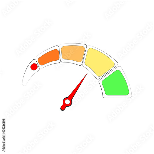 Colored credit score meter, red arrow indicates good level