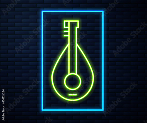 Glowing neon line Traditional musical instrument mandolin icon isolated on brick wall background. Vector.