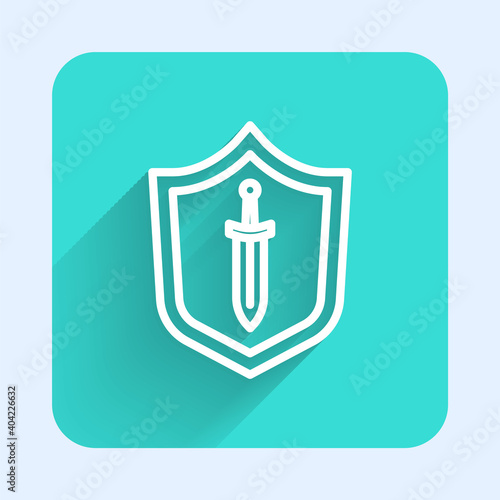 White line Medieval shield with sword icon isolated with long shadow. Green square button. Vector.