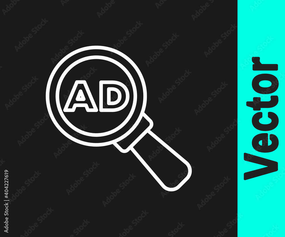 White line Advertising icon isolated on black background. Concept of marketing and promotion process. Responsive ads. Social media advertising. Vector. White line Advertising icon isolated on black background. Concept of marketing and promotion process. Responsive ads. Social media advertising. Vector.