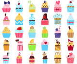 Cupcake flat icons for design of coffee shop, shop with pastry. Set of 30 delicious and colorful cupcakes isolated on a white background.