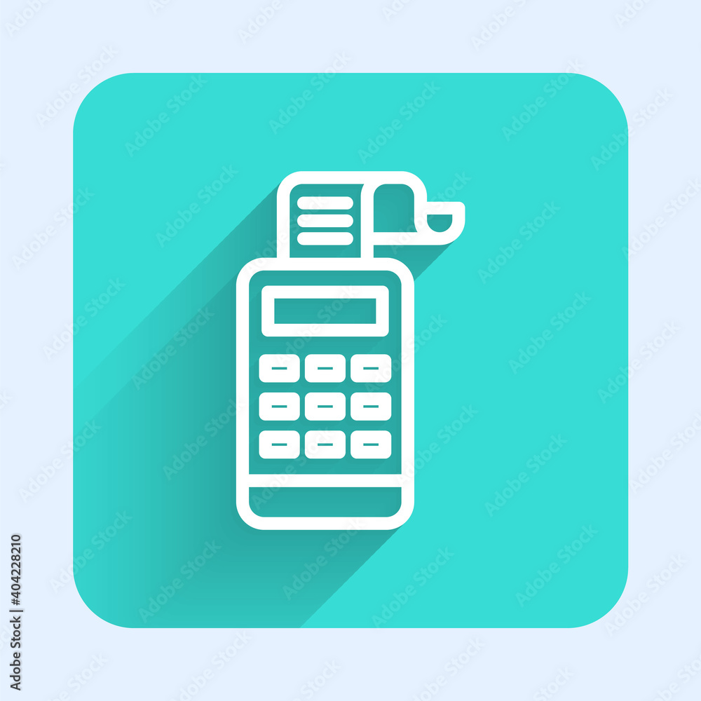 White line Cash register machine with a check icon isolated with long shadow. Cashier sign. Cashbox symbol. Green square button. Vector. White line Cash register machine with a check icon isolated with long shadow. Cashier sign. Cashbox symbol. Green square button. Vector.