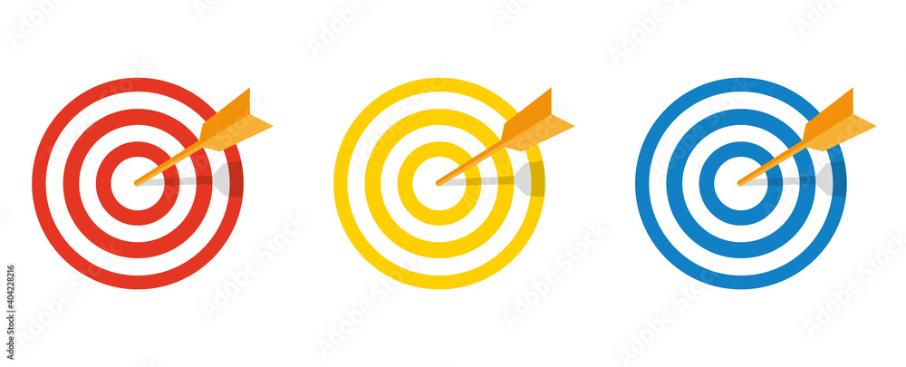 Set of vector targets on a white background. Red, blue, yellow sight Set of vector targets on a white background. Red, blue, yellow sight