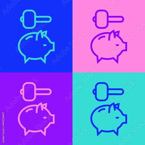 Pop art line Piggy bank and hammer icon isolated on color background. Icon saving or accumulation of money, investment. Vector.
