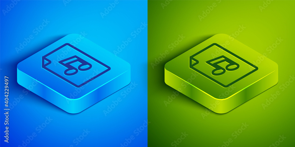 Isometric line Music book with note icon isolated on blue and green background. Music sheet with note stave. Notebook for musical notes. Square button. Vector. Isometric line Music book with note icon isolated on blue and green background. Music sheet with note stave. Notebook for musical notes. Square button. Vector.