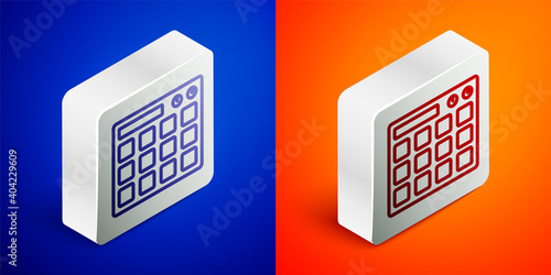Isometric line Drum machine music producer equipment icon isolated on blue and orange background. Silver square button. Vector.