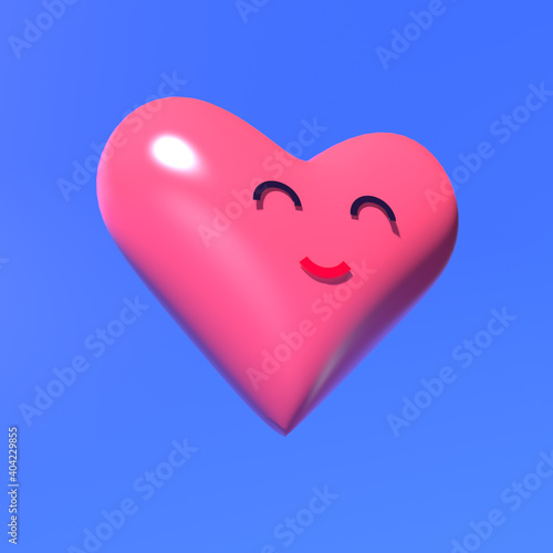 3d render of red plastic heart with smile on blue background. Design concept of Valentine's Day.