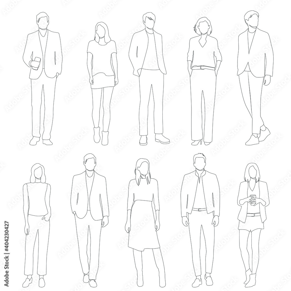 Vector silhouettes of men and a women, a group of standing business people, linear sketch, black and white color isolated on white background Vector silhouettes of men and a women, a group of standing business people, linear sketch, black and white color isolated on white background