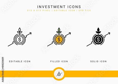 Investment icons set vector illustration with icon line style. Pension fund plan concept. Editable stroke icon on isolated white background for web design, user interface, and mobile application