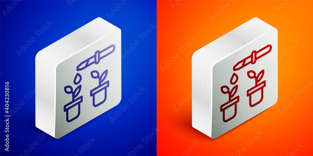 Isometric line Drop of water drops from pipette on plant icon isolated on blue and orange background. Medical or agricultural experiments. Fertilizers and pesticides. Silver square button. Vector. Isometric line Drop of water drops from pipette on plant icon isolated on blue and orange background. Medical or agricultural experiments. Fertilizers and pesticides. Silver square button. Vector.