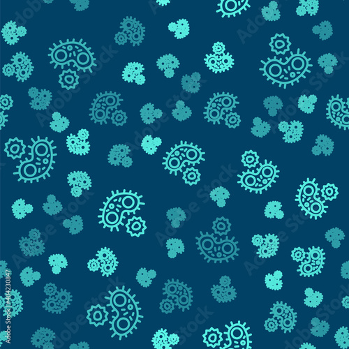 Green line Virus icon isolated seamless pattern on blue background. Corona virus 2019-nCoV. Bacteria and germs, cell cancer, microbe, fungi. Vector.