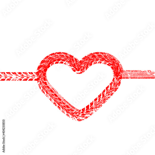 Tire tracks in heart form. Car thread silhouette. Vector illustration.