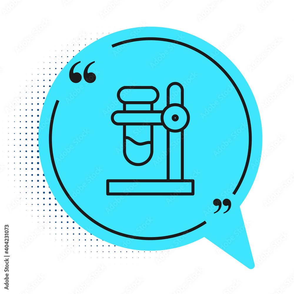 Black line Glass test tube flask on stand icon isolated on white background. Laboratory equipment. Blue speech bubble symbol. Vector. Black line Glass test tube flask on stand icon isolated on white background. Laboratory equipment. Blue speech bubble symbol. Vector.